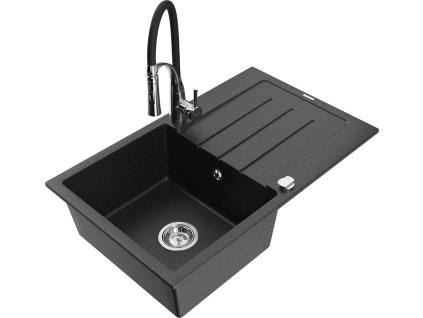 MEXEN/S - Bruno granitový dřez s odkapávačem včetně baterie Aster, černá/stříbrná metalik 6513-73-73450-07