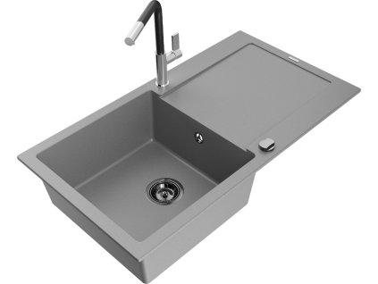 MEXEN/S - Leo granitový dřez 1 s odkapávačem včetně baterie Flora, šedá 6501-71-670401-07-B