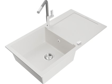 MEXEN/S - Leo granitový dřez 1 s odkapávačem včetně baterie Flora, bílá 6501-20-670401-06
