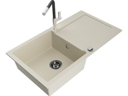 MEXEN/S - Leo granitový dřez 1 s odkapávačem včetně baterie Flora, béžováy 6501-69-670401-07-B