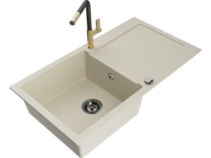 MEXEN/S - Leo granitový dřez 1 s odkapávačem včetně baterie Flora, béžováy 6501-69-670401-57-B