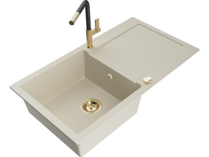 MEXEN/S - Leo granitový dřez 1 s odkapávačem včetně baterie Flora, béžováy 6501-69-670401-57-G