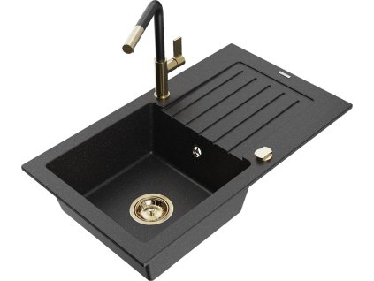 MEXEN/S - Pablo granitový dřez 1 s odkapávačem včetně baterie Flora, černá/stříbrná metalik 6510-73-670401-57-G
