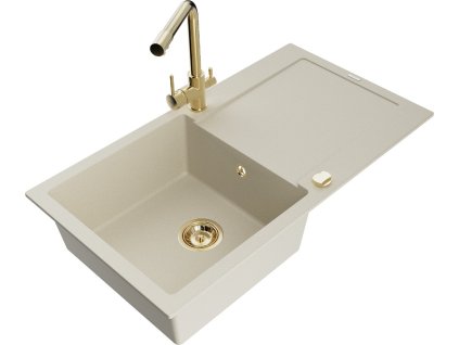 MEXEN/S - Leo granitový dřez s odkapávačem včetně baterie Duero, béžová 6501-69-671600-50