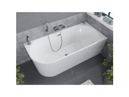 MEXEN/S - Mia volně stojící rohová vana pravá 140 x 75, bílá, sifon a přepad chrom 52691407500P-01