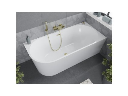 MEXEN/S - Mia volně stojící rohová vana pravá 140 x 75, bílá, sifon a přepad zlatá kartáčovaná 52691407500P-55