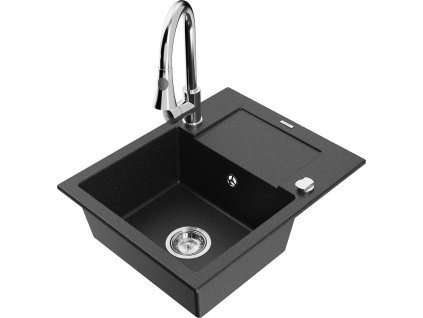 MEXEN/S - Enzo granitový dřez 1 s odkapávačem včetně baterie Elia, černá/stříbrná metalik 6506-73-670101-00