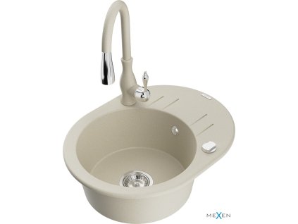 MEXEN/S - Kevin granitový dřez 1 s odkapávačem včetně baterie Savita, béžová 6517-69-672601-69