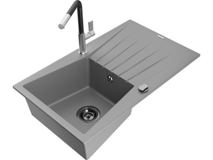 MEXEN/S - Cesar granitový dřez 1-miska s odkapávačem včetně baterie Flora, šedá 6514-71-670401-07-B