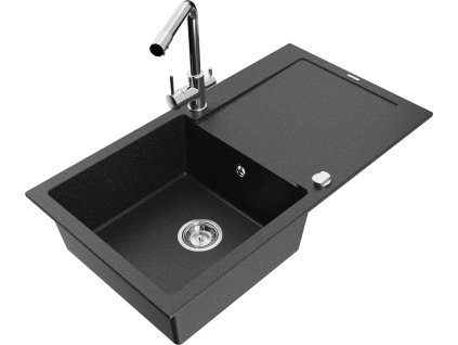 MEXEN/S - Leo granitový dřez s odkapávačem včetně baterie Duero, černá/stříbrná metalik 6501-73-671600-00