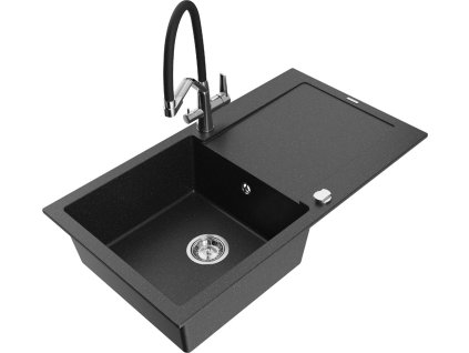 MEXEN/S - Leo granitový dřez 1-miska s odkapávačem včetně baterie Duo, černá/stříbrná metalik 6501-73-671701-07