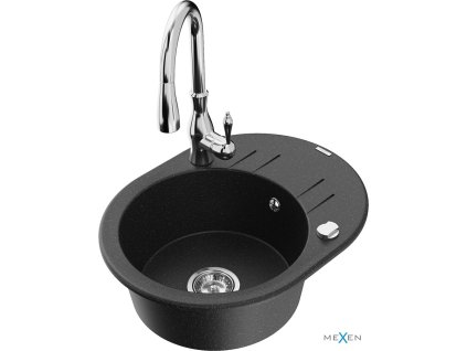 MEXEN/S - Kevin granitový dřez 1 s odkapávačem včetně baterie Savita, černá/stříbrná metalik 6517-73-672601-00