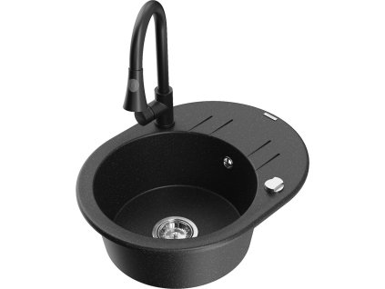 MEXEN/S - Kevin granitový dřez 1 s odkapávačem včetně baterie Elia, černá/stříbrná metalik 6517-73-670101-70