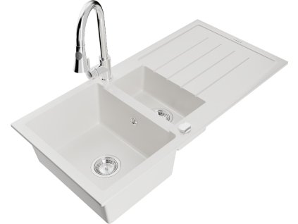 MEXEN/S - Andres granitový dřez s odkapávačem včetně baterie Elia, bílá 6515-20-670101-00