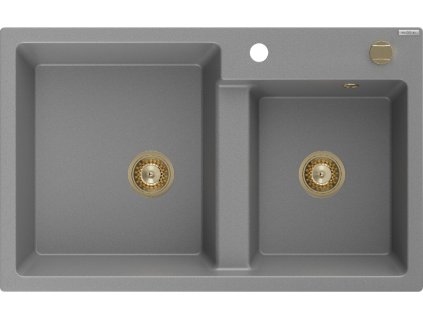 MEXEN/S - Tomas granitový dřez 2-bowl 800x500 mm, šedá, + zlatý sifon 6516802000-71-G