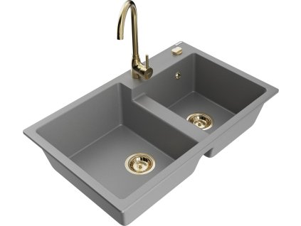 MEXEN/S - Tomas granitový dřez 2-bowl včetně baterie Telma, šedá 6516-71-670200-50