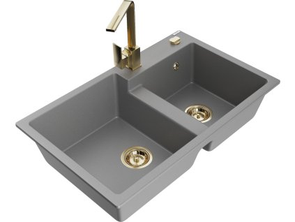 MEXEN/S - Tomas granitový dřez 2-bowl včetně baterie Rita, šedá 6516-71-670300-50