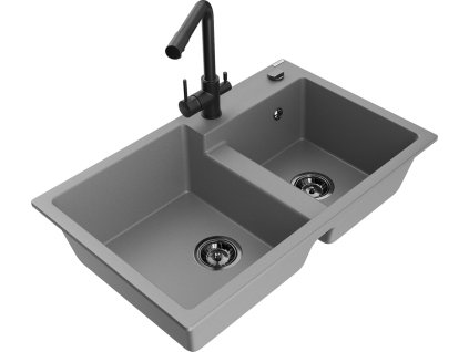 MEXEN/S - Tomas granitový dřez 2-bowl včetně baterie Duero, šedá 6516-71-671600-70-B