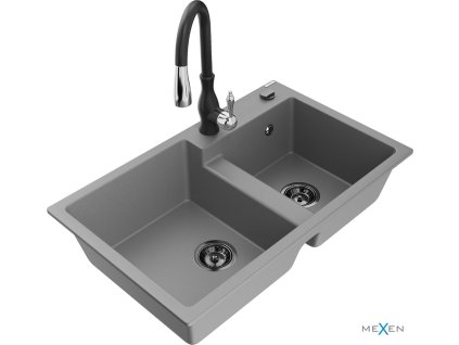 MEXEN/S - Tomas granitový dřez 2-bowl včetně baterie Savita, šedá 6516-71-672601-70-B