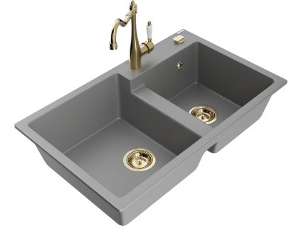 MEXEN/S - Tomas granitový dřez 2-bowl včetně baterie Carla, šedá 6516-71-670700-50