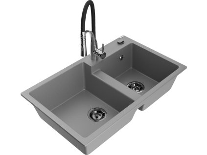 MEXEN/S - Tomas granitový dřez 2-bowl včetně baterie Aster, šedá 6516-71-73450-07-B