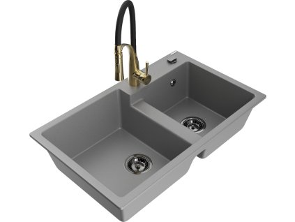 MEXEN/S - Tomas granitový dřez 2-bowl včetně baterie Aster, šedá 6516-71-73450-57-B