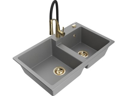 MEXEN/S - Tomas granitový dřez 2-bowl včetně baterie Aster, šedá 6516-71-73450-57-G