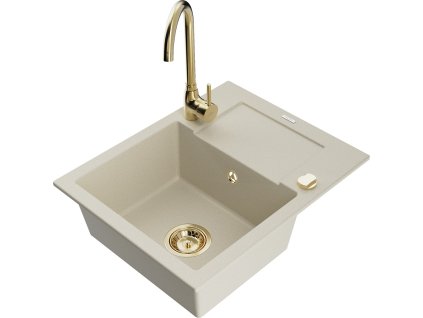 MEXEN/S - Enzo granitový dřez s odkapávačem včetně baterie Telma, béžová 6506-69-670200-50