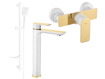 MEXEN/S - Alfa DF62 Set umyvadlové a sprchové baterie s příslušenstvím, bílo/zlatá 745714DF62-25