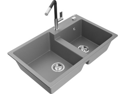 MEXEN/S - Tomas granitový dřez 2-bowl včetně baterie Flora, šedá 6516-71-670401-07