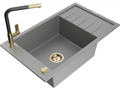 MEXEN/S - Elias granitový dřez 1-miska s odkapávačem včetně baterie Flora, šedý 6511-71-670401-57-G