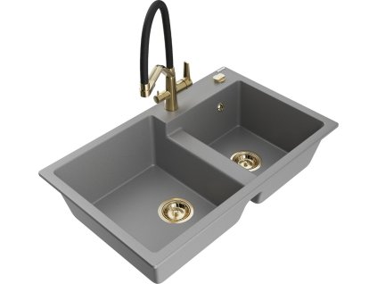 MEXEN/S - Tomas granitový dřez 2-bowly včetně baterie Duo, šedá 6516-71-671701-57-G
