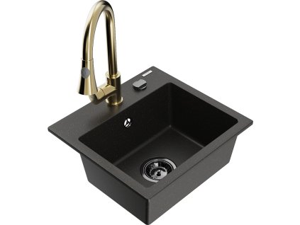 MEXEN/S - Milo granitový dřez 1-miska včetně baterie Elia, černá/zlatá metalik 6505-75-670101-50-B