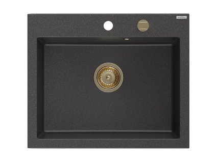 MEXEN/S - Elix granitový dřez 1-miska 600 x 500 mm, černá kropenatá, sifon zlatá 6525601005-76-G