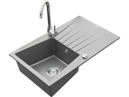 MEXEN/S - Cesar granitový dřez 1 s odkapávačem včetně baterie Telma, šedá 6514-71-670200-00