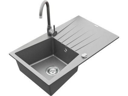 MEXEN/S - Cesar granitový dřez 1 s odkapávačem včetně baterie Telma, šedá 6514-71-670200-71