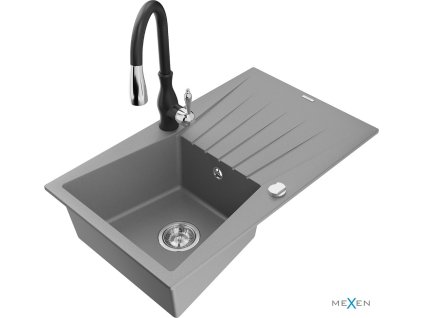 MEXEN/S - Cesar granitový dřez 1 s odkapávačem včetně baterie Savita, šedá 6514-71-672601-70