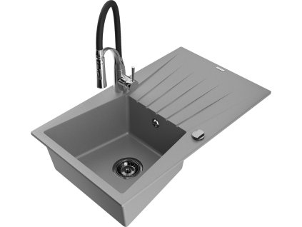 MEXEN/S - Cesar granitový dřez s odkapávačem včetně baterie Aster, šedá 6514-71-73450-07-B