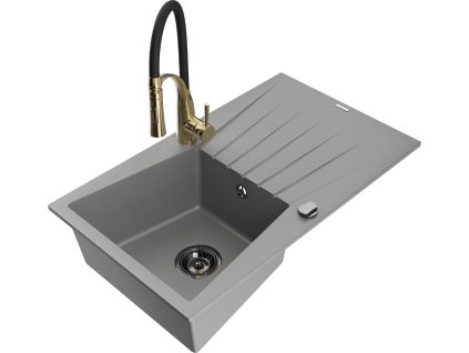 MEXEN/S - Cesar granitový dřez s odkapávačem včetně baterie Aster, šedá 6514-71-73450-57-B