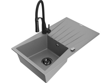 MEXEN/S - Cesar granitový dřez s odkapávačem včetně baterie Aster, šedá 6514-71-73450-70-B