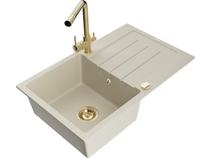 MEXEN/S - Bruno granitový dřez s odkapávačem včetně baterie Duero, béžová 6513-69-671600-50