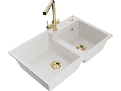 MEXEN/S - Tomas granitový dřez 2-bowl včetně baterie Duero, bílá 6516-20-671600-50