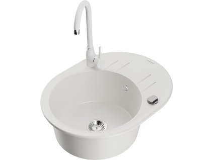 MEXEN/S - Kevin granitový dřez s odkapávačem včetně baterie Telma, bílá 6517-20-670200-20