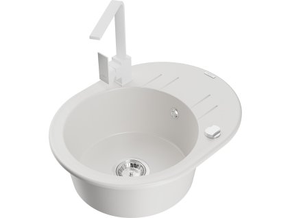 MEXEN/S - Kevin granitový dřez s odkapávačem včetně baterie Rita, bílá 6517-20-670300-20