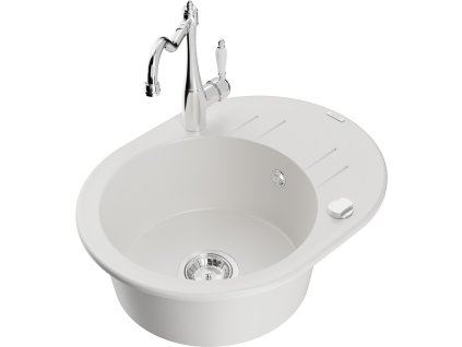 MEXEN/S - Kevin granitový dřez 1-miska s odkapávačem včetně baterie Carla, bílá 6517-20-670700-00