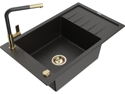 MEXEN/S - Elias granitový dřez 1 s odkapávačem včetně baterie Flora, černá/zlatá metalik 6511-75-670401-57-G