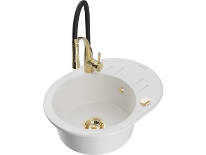 MEXEN/S - Kevin granitový dřez s odkapávačem včetně baterie Aster, bílá 6517-20-73450-57-G