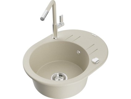 MEXEN/S - Kevin granitový dřez 1-miska s odkapávačem včetně baterie Flora, béžová 6517-69-670401-09