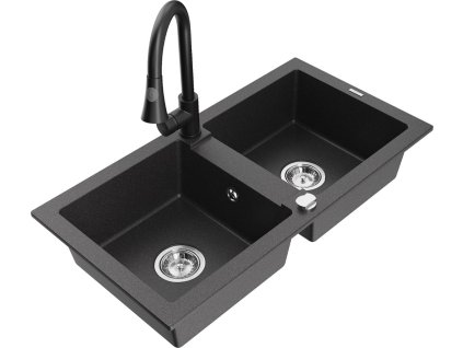 MEXEN/S - Mario granitový dřez 2-bowl včetně baterie Elia, černá kropenatá 6504-76-670101-70