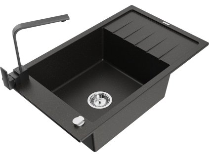 MEXEN/S - Elias granitový dřez 1-miska s odkapávačem včetně baterie Rita, černý/zlatý metalik 6511-75-670300-70